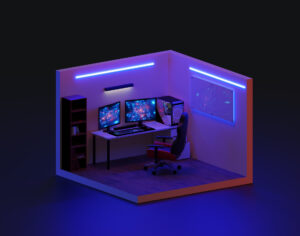 3D-Render-Spielzimmer isometrisch, 3D-Darstellung eines Gaming Raums.
