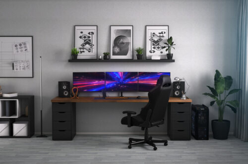Spielzimmer mit einem Cyber-Gamer-Computer, 3D-Darstellung mit Neonbeleuchtung, hochwertige 4k-Aufnahme.