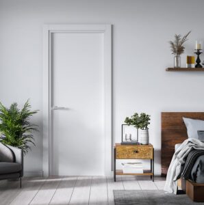 modernes Schlafzimmer mit Beistelltisch, mit weißer Tür und Sofa mit Zimmerpflanze, Bett mit Nachttisch mit Wandregal , weiße Tür mit Teppich und Holzboden 
