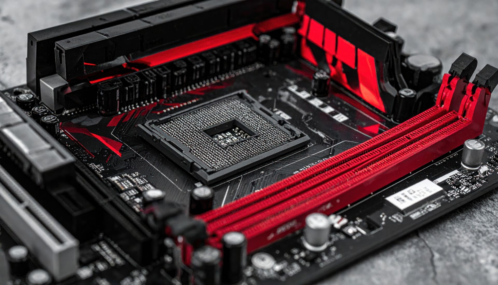 Nahaufnahme eines Computer-Mainboards mit offenem CPU-Sockel und roten RAM-Bänken