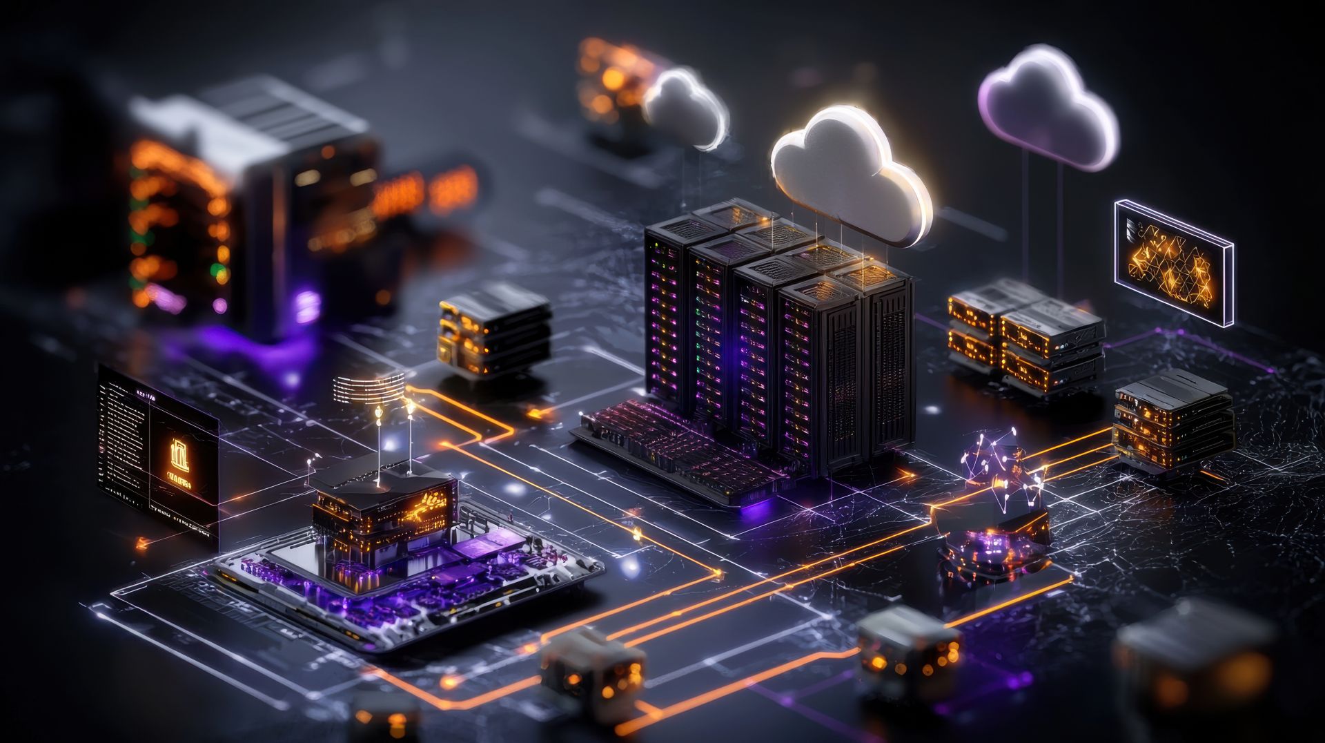 Visualisierung einer digitalen Serverlandschaft mit Cloud- und Datenknotenpunkten