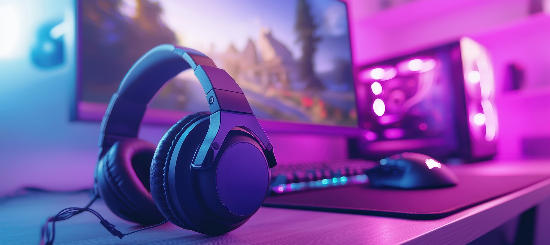 Gaming-Headset auf Schreibtisch vor PC | Vape