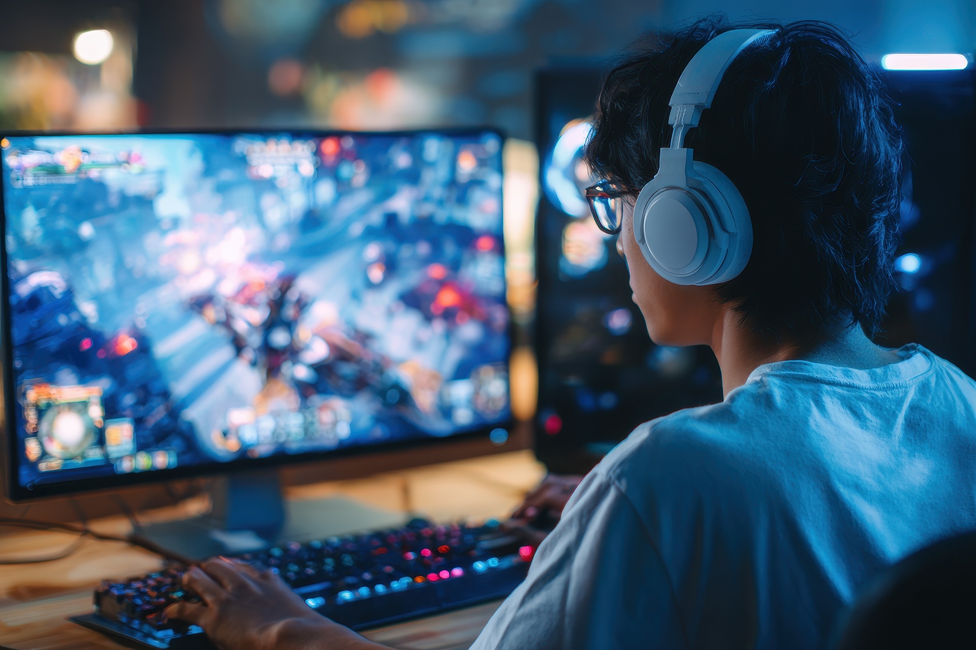 Gamer mit Headset am Monitor | Bettbank